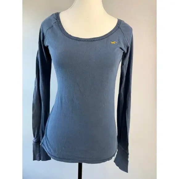 Vintage Y2K Hollister Long Sleeve Scoop Neck Shirt Fitted Tee Blue Women Large - Picture 1 of 12